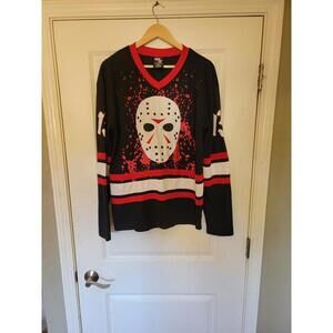 FRIDAY THE 13TH JERSEY HORROR MOVIE VOORHEES FACEMASK LONG SLEEVE BLACK AND RED